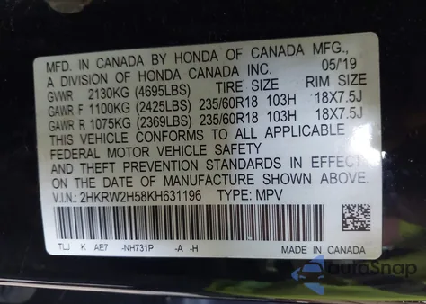 2019 Honda Cr-V Ex from USA, damaged, VIN 2HKRW2H58KH631196
